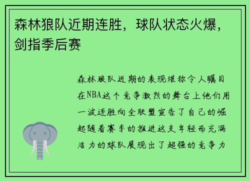 森林狼队近期连胜，球队状态火爆，剑指季后赛