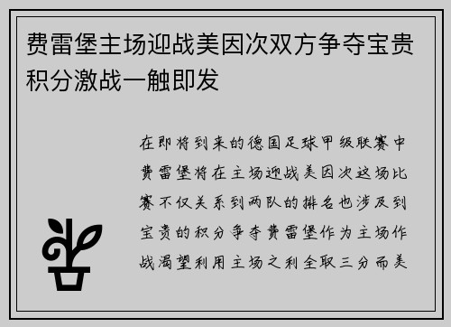 费雷堡主场迎战美因次双方争夺宝贵积分激战一触即发