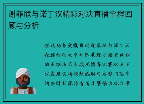 谢菲联与诺丁汉精彩对决直播全程回顾与分析