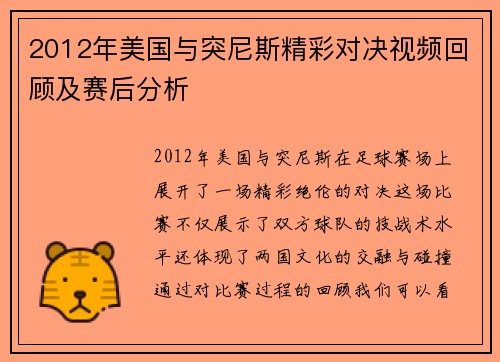 2012年美国与突尼斯精彩对决视频回顾及赛后分析