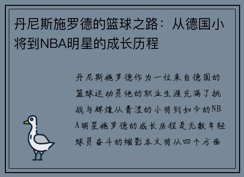 丹尼斯施罗德的篮球之路：从德国小将到NBA明星的成长历程