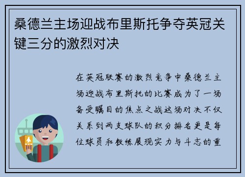 桑德兰主场迎战布里斯托争夺英冠关键三分的激烈对决